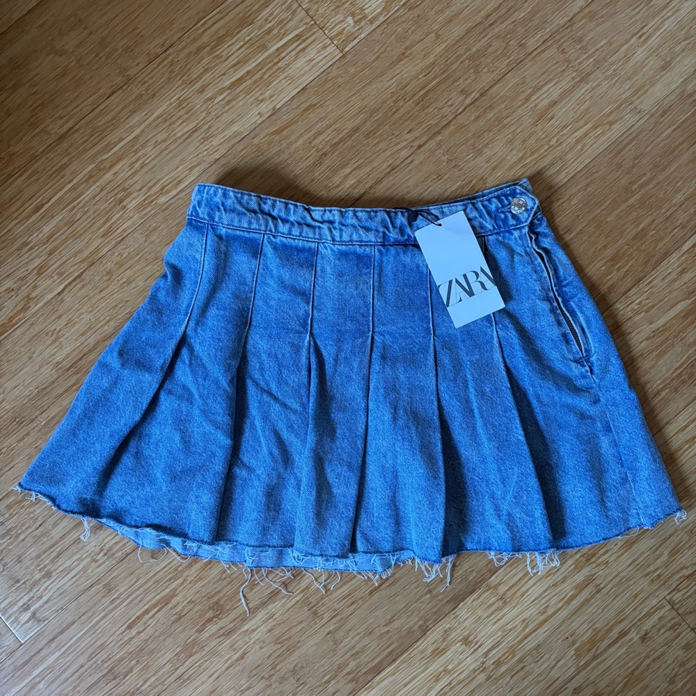 Zara Distressed Denim Pleated Blue Mini Skirt